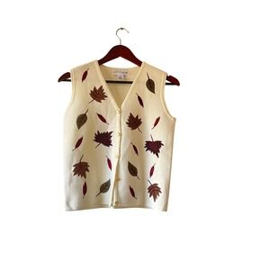 Vintage Petite Cream Leaf Applique V-Neck Button Front Sweater Vest S